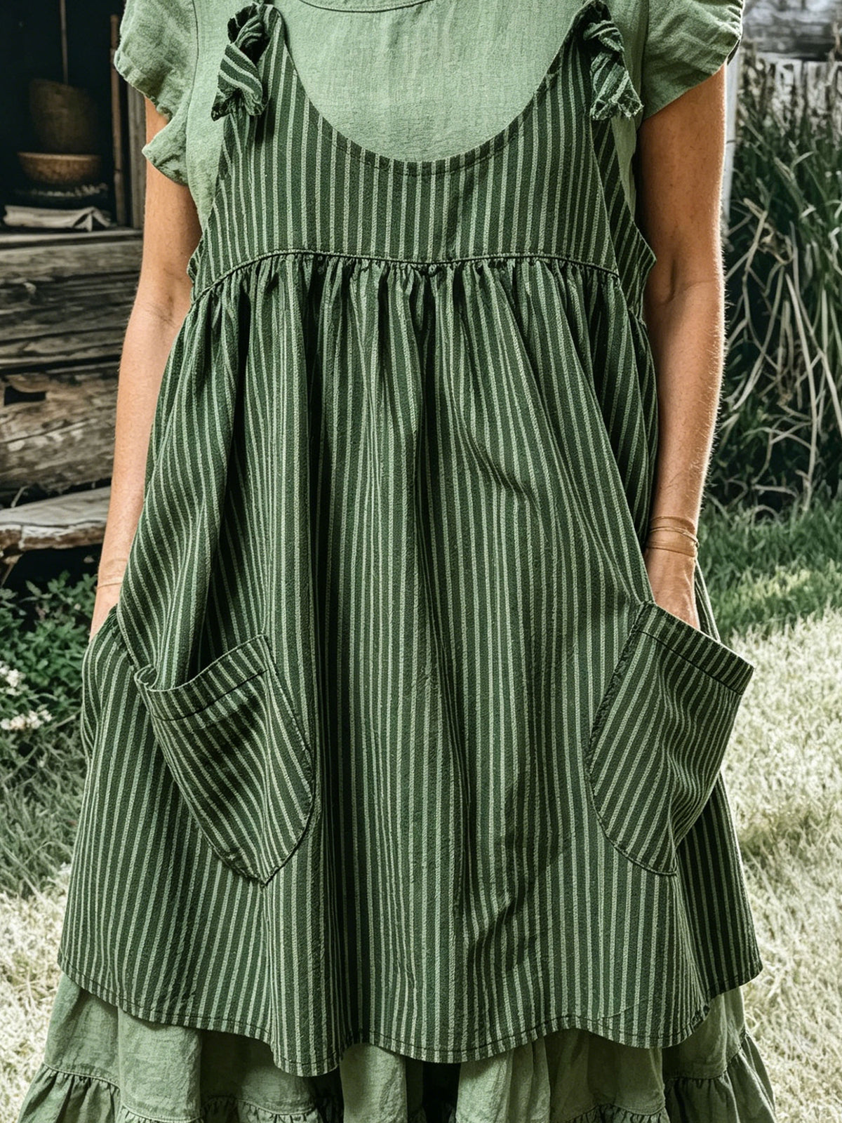 Women’s Casual Cotton Striped Sleeveless Pocket Vest Dress And Round-neck Short-sleeve Maxi Dress