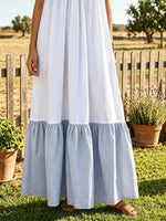 Women Solid Base Thin Vertical Stripe Patch Tiered Slip Maxi Dress