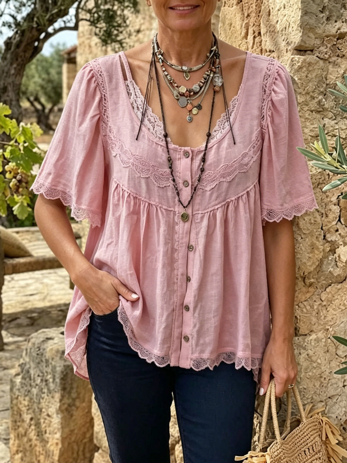 Women's Dusty Pink Lace Trim Blouse