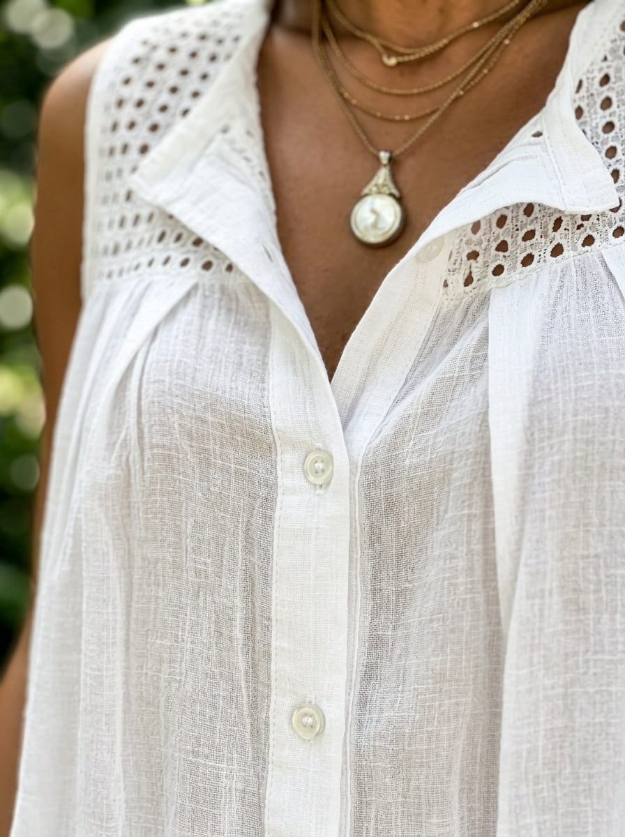 Women’s Eyelet Hollow Collar Sleeveless Cotton Linen Tunic Top