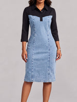 Women's Casual Loose-fit Cotton-linen Denim Dress With Shirt Collar, 3/4 Sleeves, And Color-block Paneling