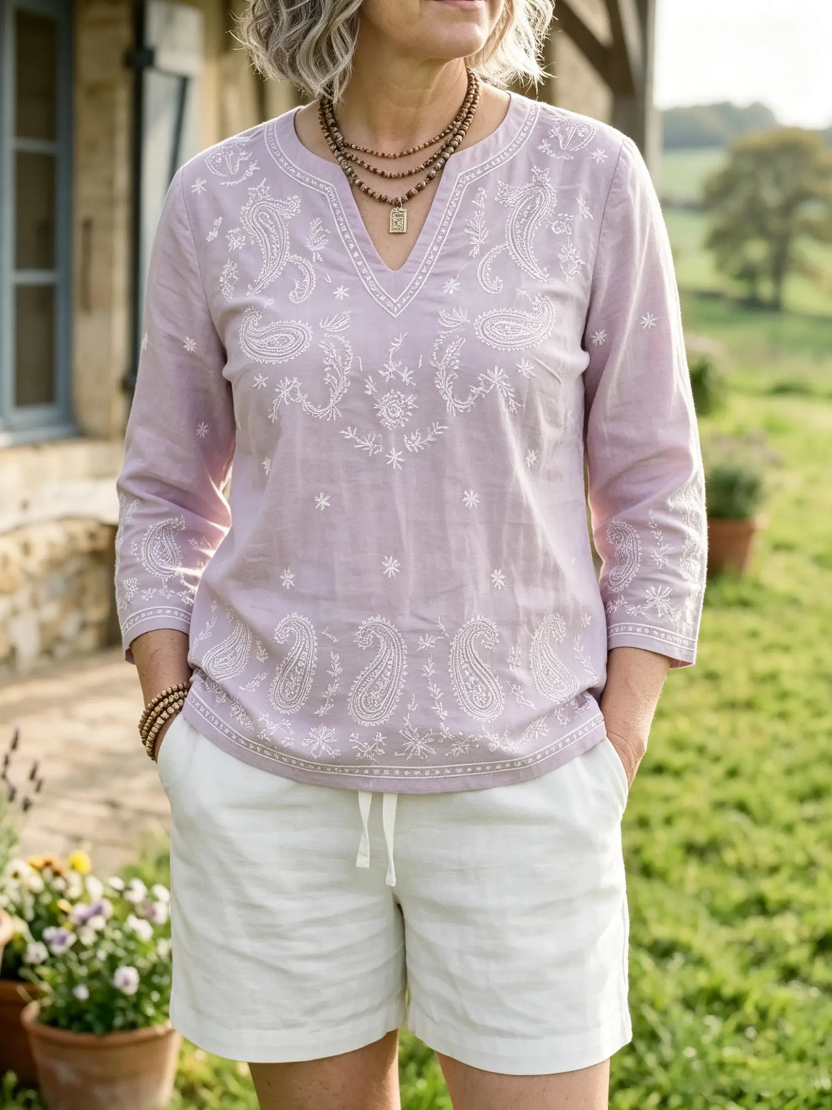 Women's Paisley Allover Print V-Neck 3/4 Sleeve Linen Blouse
