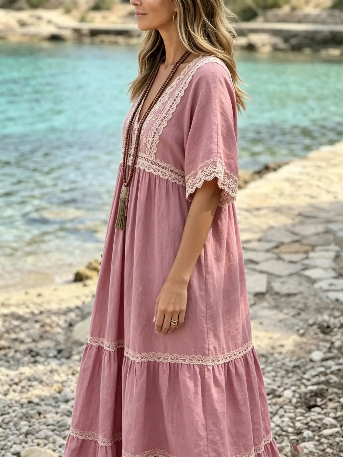 Women's Lace Linen-Blend Tiered Maxi Dress