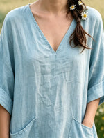 Women's Solid Simple Double Pocket V Neck Oversized Linen Midi Dress