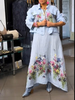 Casual Linen-cotton Floral Print Jacket And Sleeveless Dress Two-piece Set