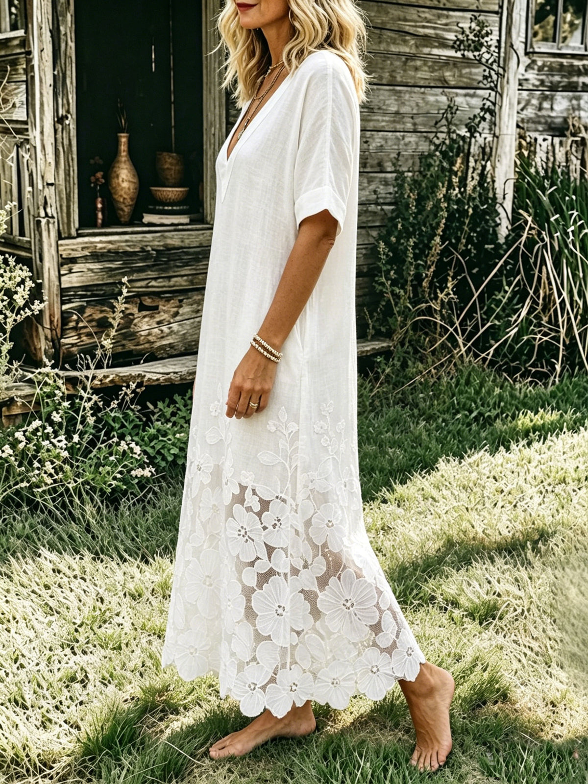 Women's White V Neck Floral Lace Patchwork Linen Midi Dress, Short Sleeve Loose Casual Dress with Pockets