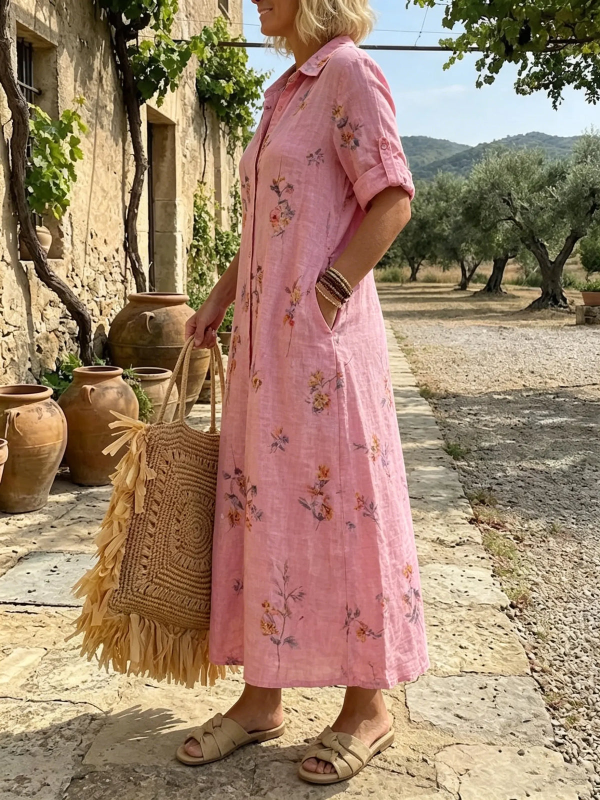Women's Pink Floral Button-Down Maxi Dress