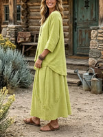 Women's Solid Linen Two Piece Top Skirt Set
