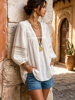 Women's V-Neck Lace-Sleeve Blouse