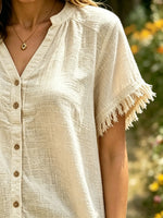 Women's Solid Textured Fringe Trim Short Sleeve V Neck Button Loose Top