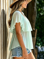 Women Solid Double Ruffle V-Neck Flowy Chiffon Blouse