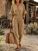 Linen V Neck Short Sleeve Elastic Waist Pocket Jumpsuit