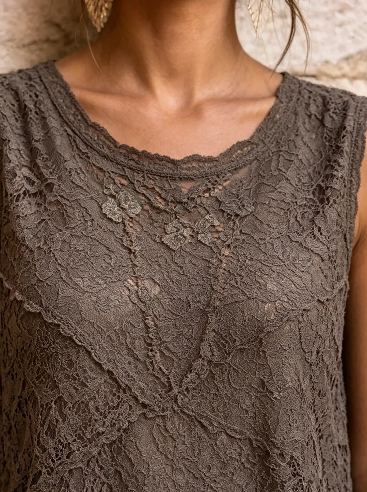 Women's Dark Brown Asymmetrical Lace Tunic