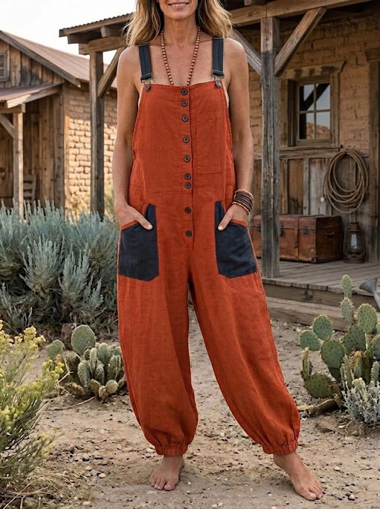 Rust Color Block Button Front Strap Baggy Linen Overalls Jumpsuit