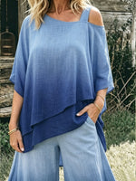 Womens Gradient Blue Cold Shoulder 2 Piece Linen Outfit Top & Wide Leg Pants Set