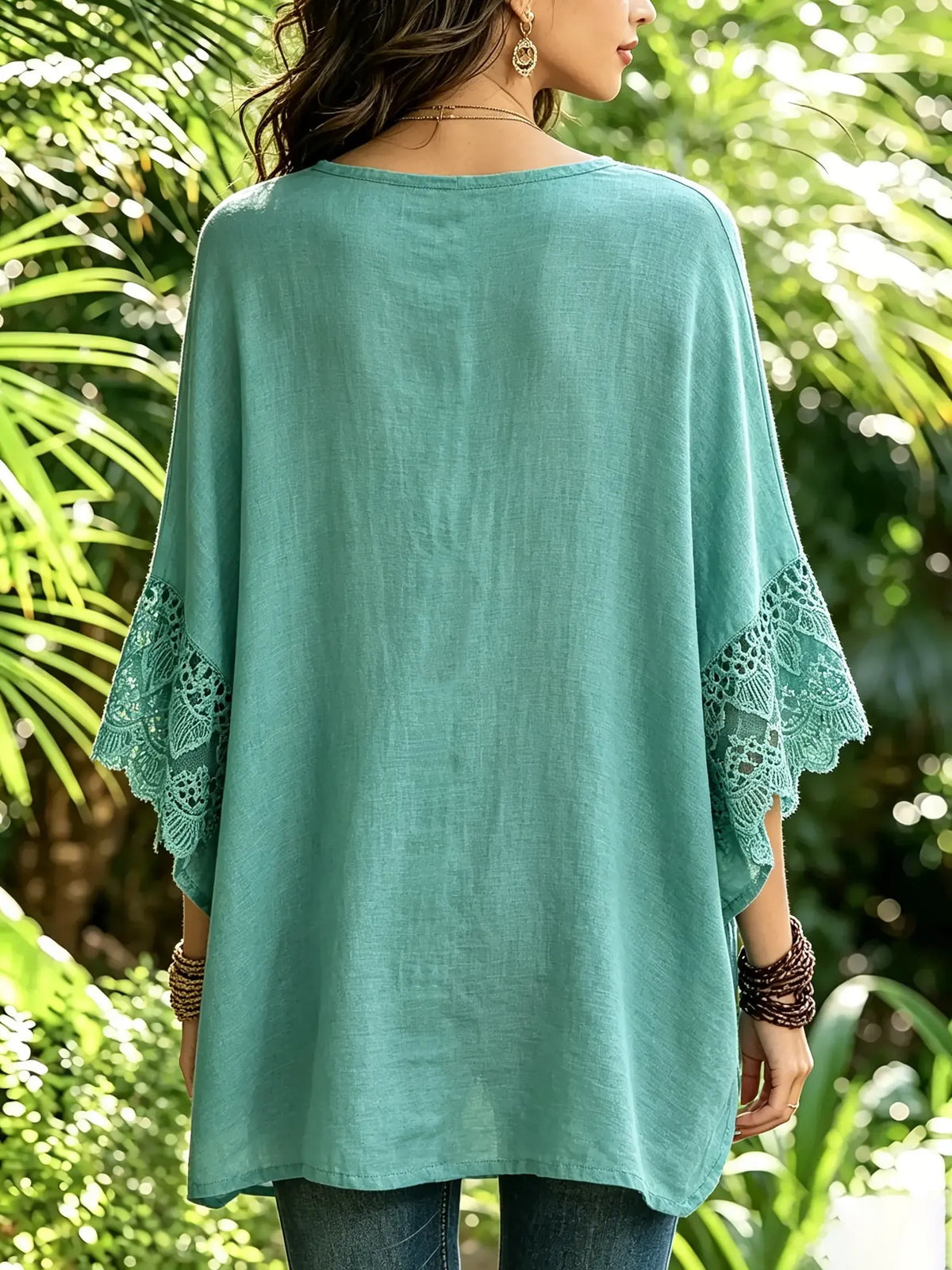Women Solid Frog Button Lace Panel Split 3/4 Sleeve Top