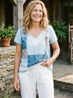 Women's Patchwork Plaid Lace Panel V-Neck Short Sleeve Casual Top
