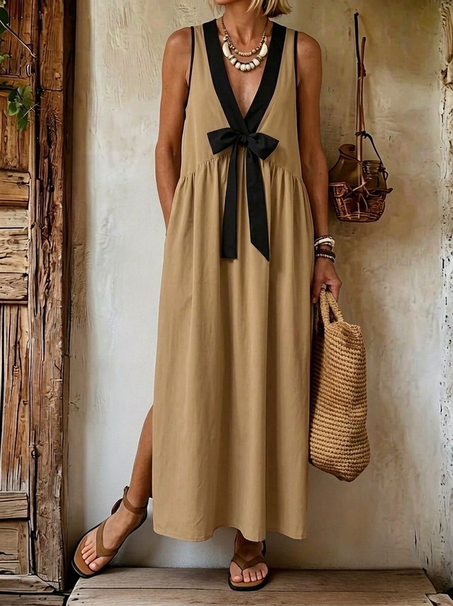 Women's Contrast Trim Bow Front Sleeveless Midi Dress With Pocket