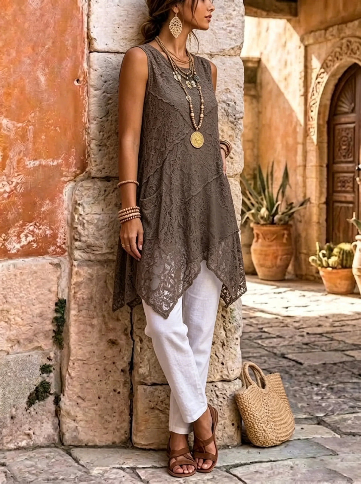 Women's Dark Brown Asymmetrical Lace Tunic