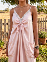 Women Solid Lace Trim V Neck Front Tie Pocket Slip Midi Dress