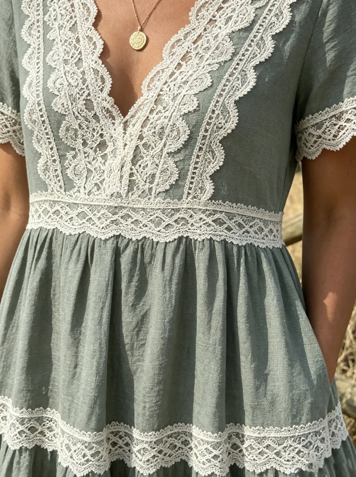 Women's Olive Green Lace Tiered Maxi Dress