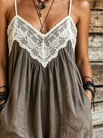 Womens White Lace V Neck Spaghetti Strap Wide Leg Linen Jumpsuit With Pockets