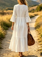 Women Solid Eyelet Lace V Neck Ruffle 3/4 Sleeve Tiered Maxi Dress