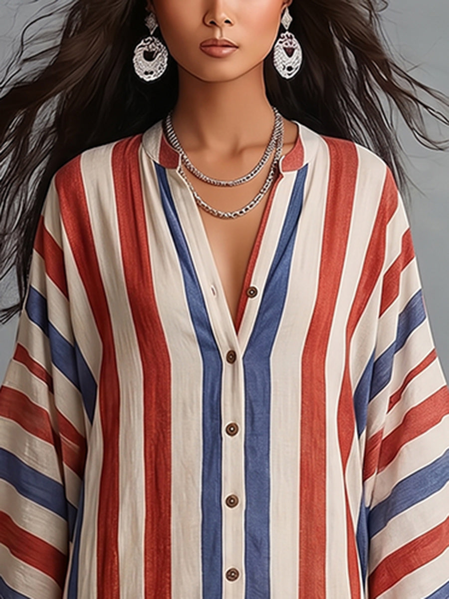 Bohemian Color-block Striped Cotton Dress