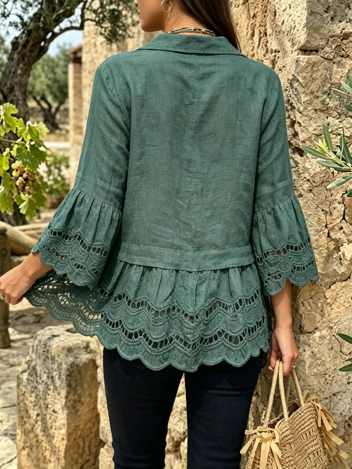 Women's Dark Green Eyelet Peplum Shirt