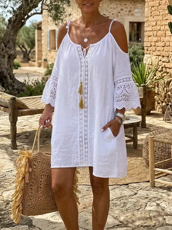 White Cold-Shoulder Lace Tunic Dress