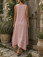 Women's Solid Textured Side Twist Irregular Slit Sleeveless Maxi Dress