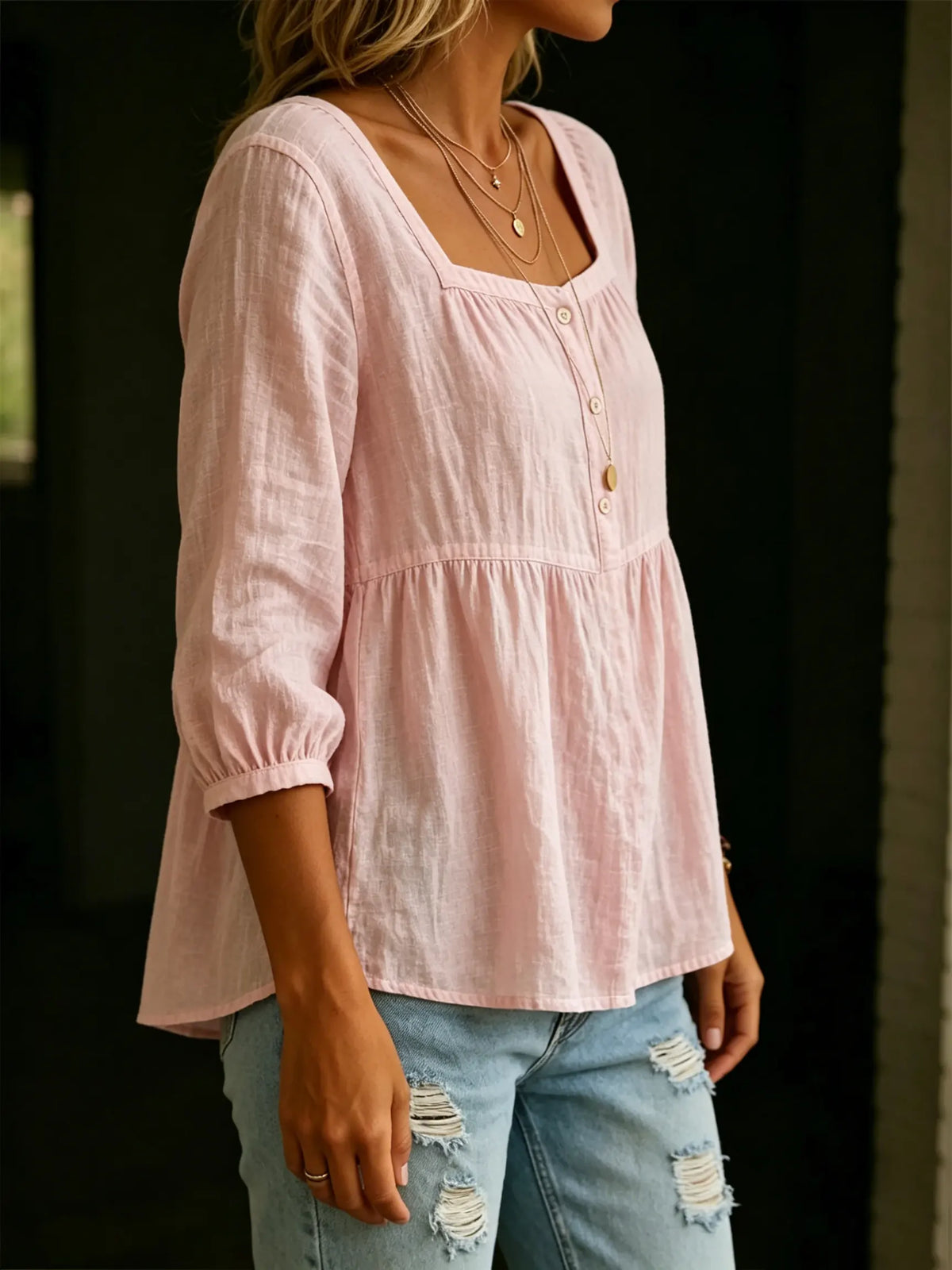 Women's Solid Square Neck Half Button Ruched 3/4 Puff Sleeve Cotton Linen Blouse