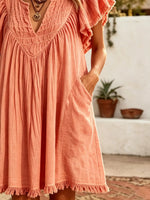 Women Solid Textured V Neck Flutter Sleeve Fringe Hem Mini Vacation Dress