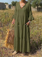 Rustic Meadow Olive Linen Tiered Maxi Dress