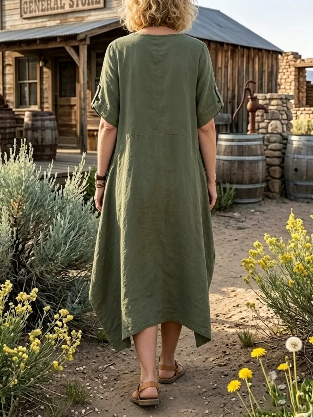 Women's Solid Linen Button V-Neck Irregular Hem Pockets Dress