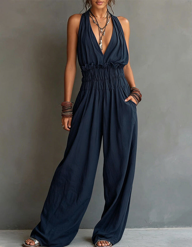 Women's Deep V-neck Backless Halter Neck Wide-leg Jumpsuit
