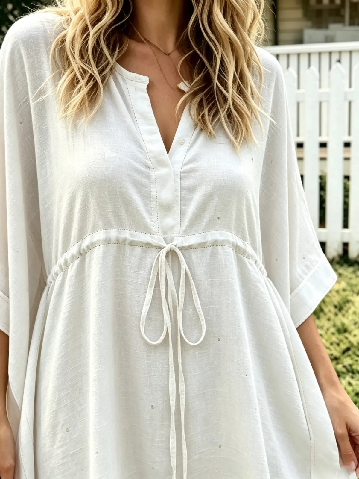 Women's Solid-Color Textured Short-Sleeve Maxi Dress with Drawstring Waist and Loose Fit