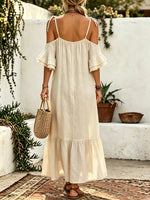 Women Solid Tie Cold Shoulder Button Front Split Ruffle Maxi Dress