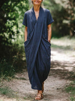 Women Vintage Loose Textured Linen Wrap Long Dress Short Sleeve Pocket Casual Dress