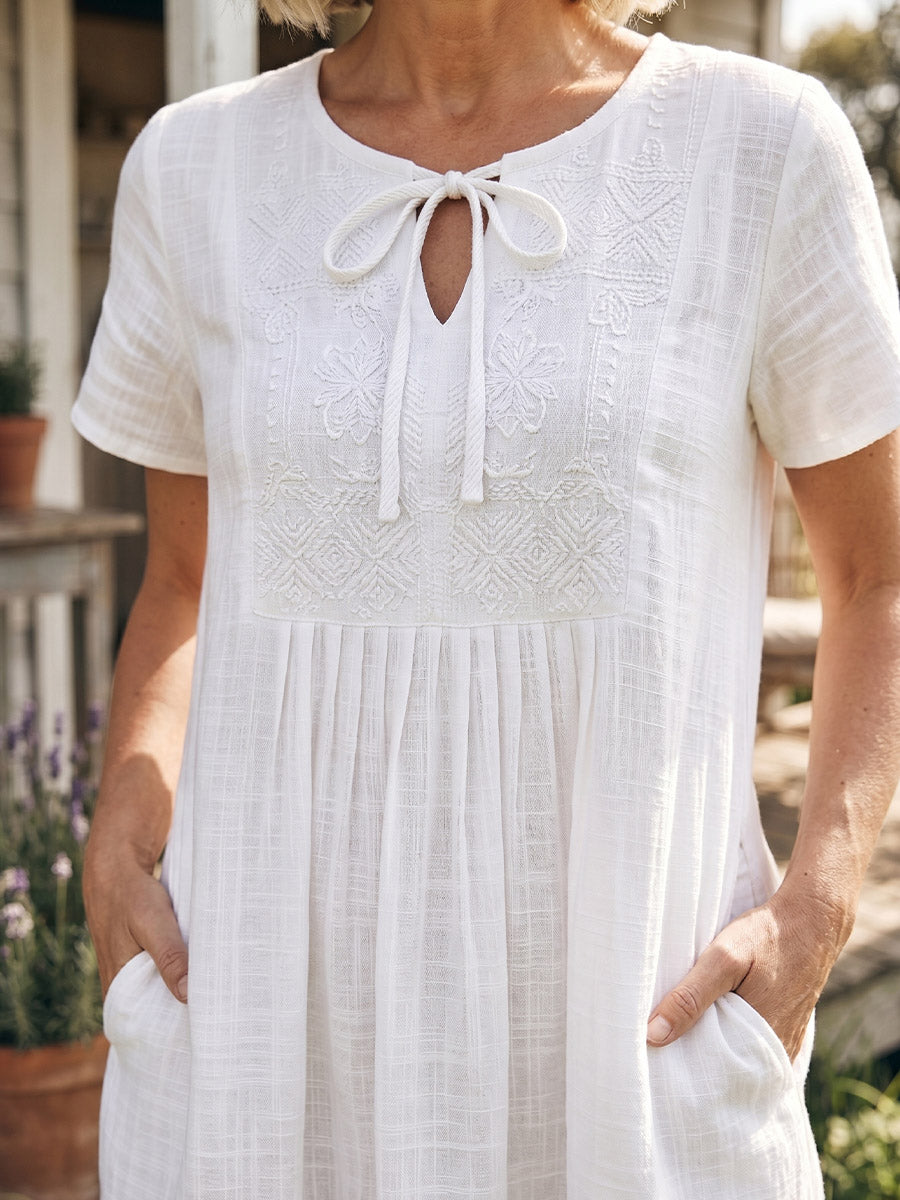 Vintage Art Comfortable Summer Fabrics Cotton And Linen Patchwork Embroidery Dress