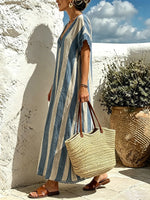 Women Blue White Vertical Stripe Lace Trim V-Neck Loose Maxi Dress