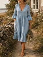 Women's Solid Crochet Lace V-Neck Ruffle 3/4 Sleeve Tiered Midi Dress