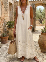 Bohemian Eyelet Sleeveless V Neck Linen Maxi Dress