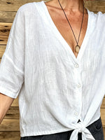 Casual V-Neck Front Tie Linen Shirt 5 Sleeve Textured Cropped Button Blouse