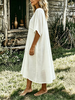 Women's White Textured Patchwork Linen Loose Short Sleeve Casual Dress With Pockets
