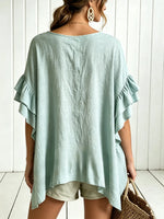 Women Solid Ruffle Batwing Sleeve Loose Blouse