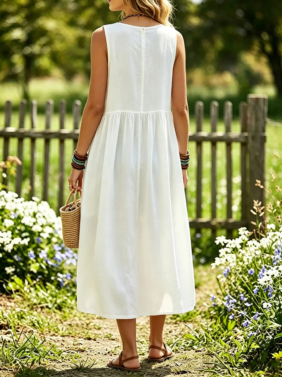 Women's Solid Sleeveless Half Button Big Pocket Loose Linen Midi Dress