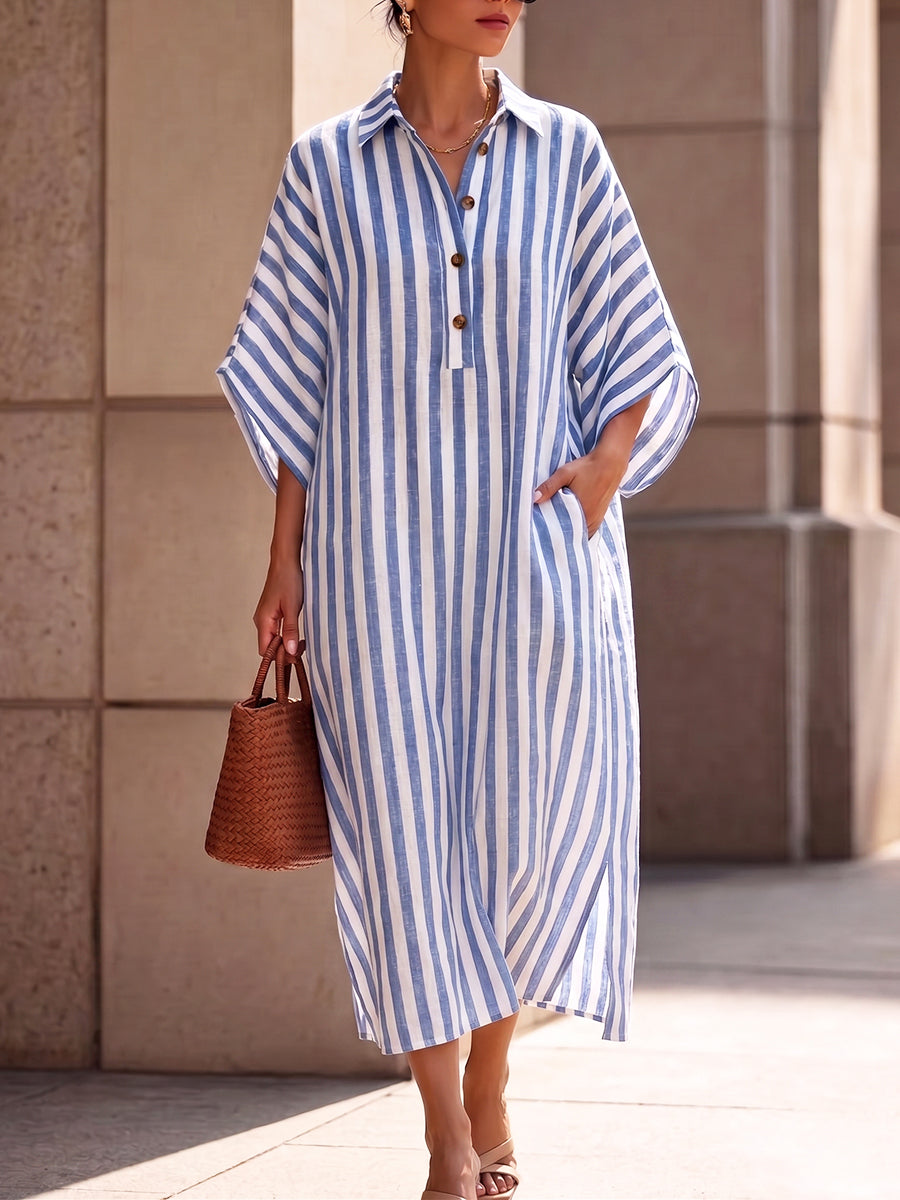 Elegant And Relaxed Striped Cotton-linen Dress With Batwing Sleeves