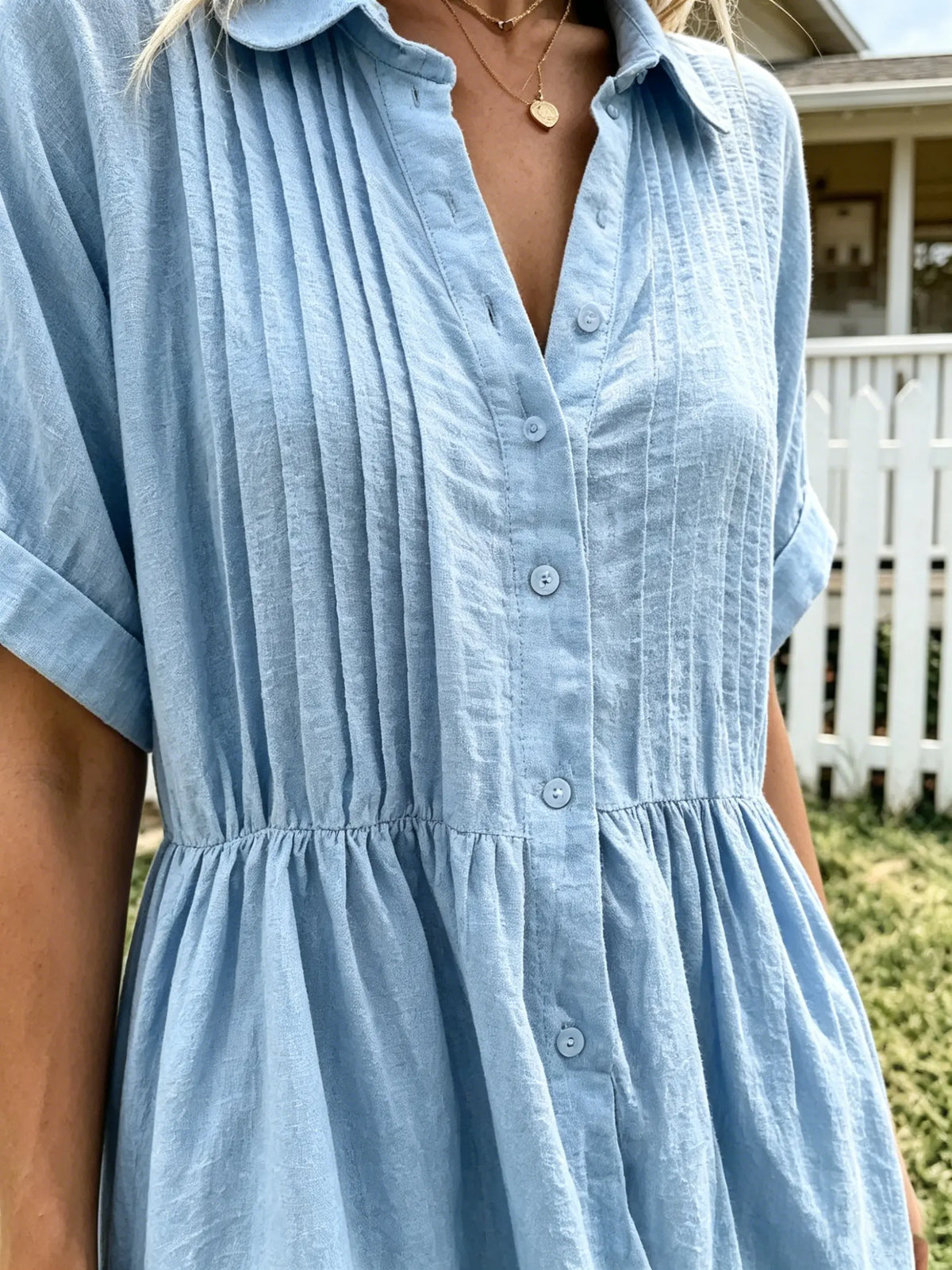 Women's Solid Front Pleated Collar Button Down Roll Sleeve Linen Midi Dress