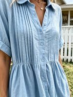 Women's Solid Front Pleated Collar Button Down Roll Sleeve Linen Midi Dress
